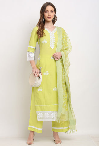 Light Green Pure Cambric Cotton Floral Embroidered Kurta Set With Dupatta