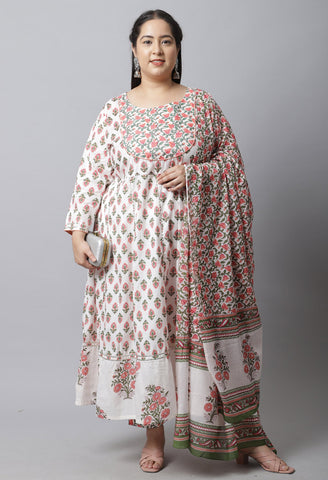 Pure Cambric Cotton Printed Plus Size Kurta Set With Dupatta