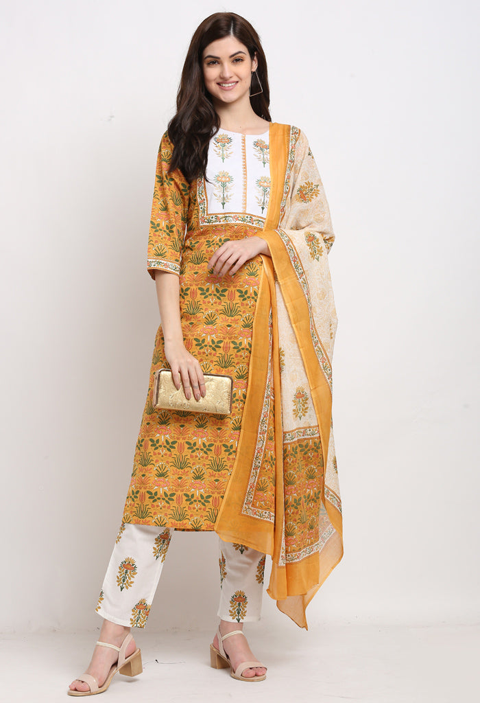 Mustard And White Pure Cambric Cotton Floral Embroidered Kurta Set With Dupatta