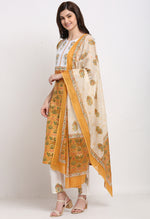 Load image into Gallery viewer, Mustard And White Pure Cambric Cotton Floral Embroidered Kurta Set With Dupatta

