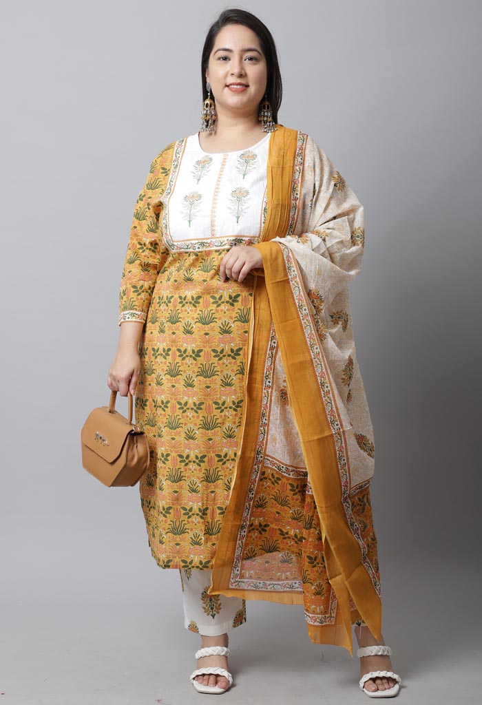 Pure Cambric Cotton Embroidered Plus Size Kurta Set With Dupatta