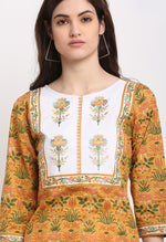 Load image into Gallery viewer, Mustard And White Pure Cambric Cotton Floral Embroidered Kurta Set With Dupatta

