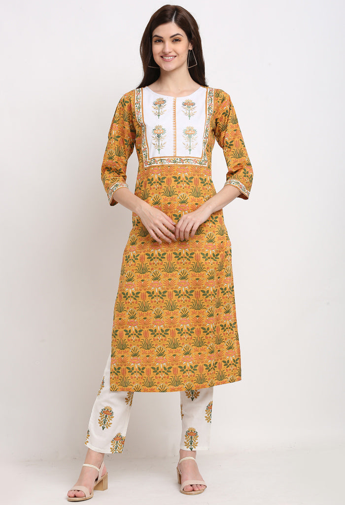 Mustard And White Pure Cambric Cotton Floral Embroidered Kurta Set With Dupatta