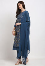 Load image into Gallery viewer, Blue Pure Cambric Cotton Floral Foil Printed Kurta Set With Dupatta