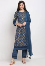 Load image into Gallery viewer, Blue Pure Cambric Cotton Floral Foil Printed Kurta Set With Dupatta