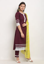 Load image into Gallery viewer, Wine Pure Cambric Cotton Floral Embroidered Kurta Set With Dupatta