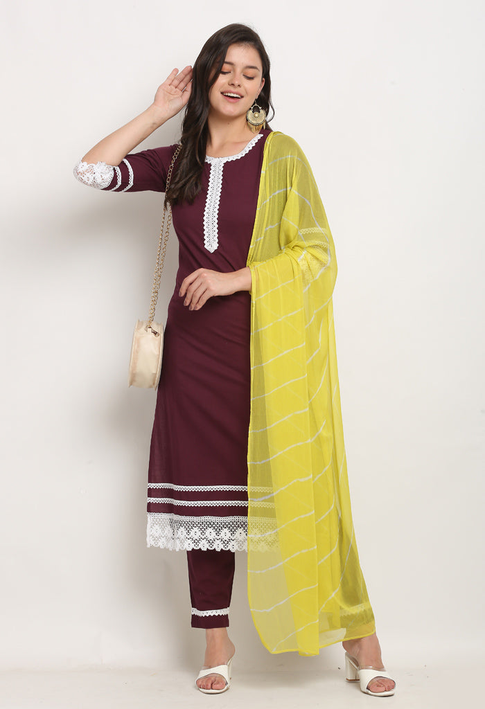 Wine Pure Cambric Cotton Floral Embroidered Kurta Set With Dupatta