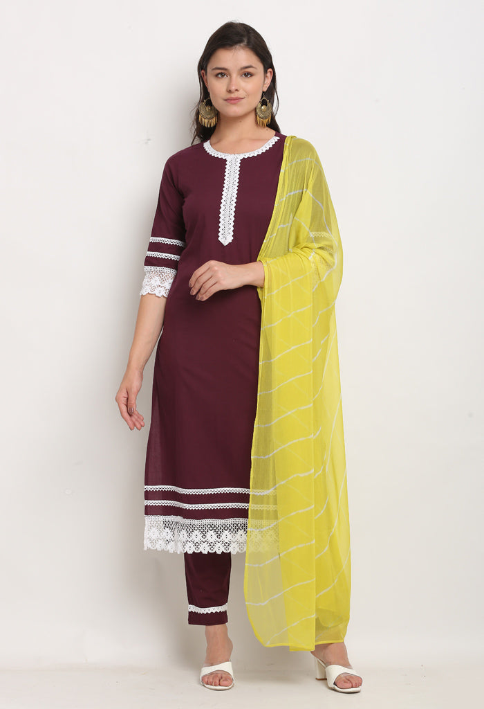 Wine Pure Cambric Cotton Floral Embroidered Kurta Set With Dupatta