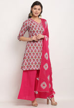 Load image into Gallery viewer, Grey And Pink Pure Cambric Cotton Floral Printed Kurta Set With Dupatta