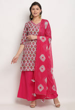 Load image into Gallery viewer, Grey And Pink Pure Cambric Cotton Floral Printed Kurta Set With Dupatta