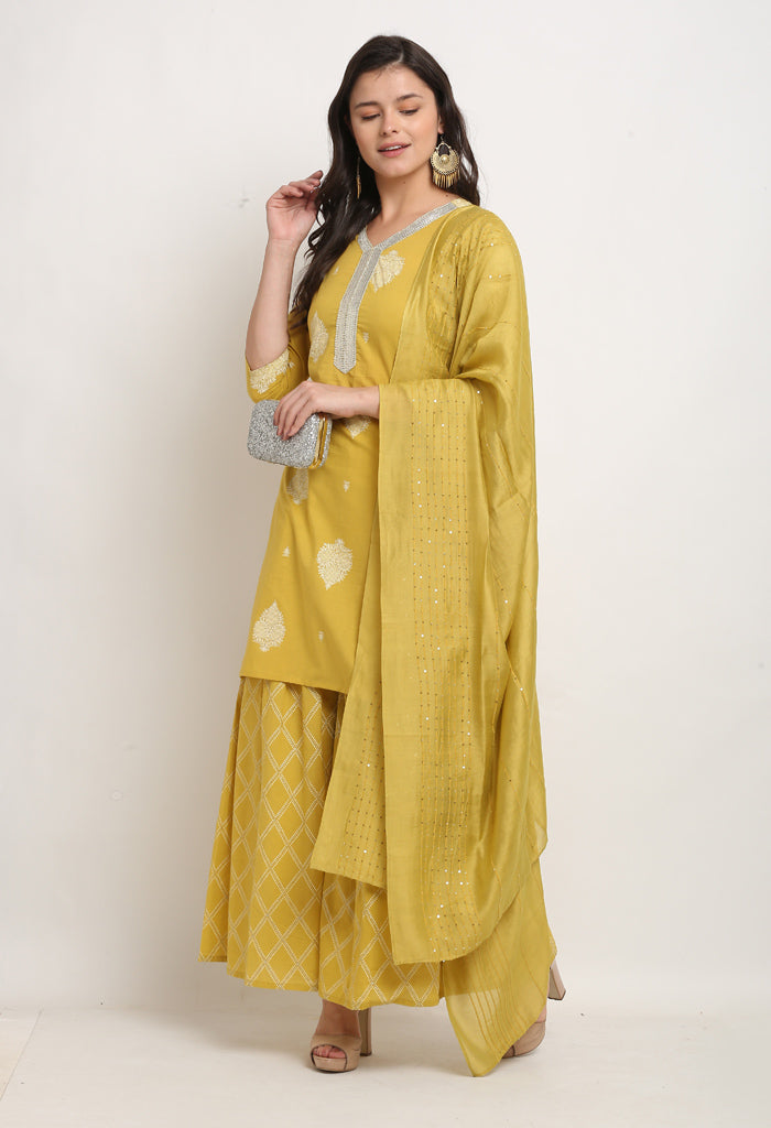 Yellow Pure Cambric Cotton Floral Printed Kurta Set With Dupatta
