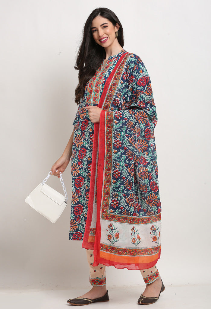 Navy Blue Pure Cambric Cotton Floral Printed Kurta Set With Dupatta