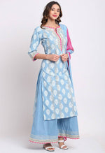 Load image into Gallery viewer, Blue Pure Cambric Cotton Floral Printed Kurta Set With Dupatta