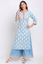 Load image into Gallery viewer, Blue Pure Cambric Cotton Floral Printed Kurta Set With Dupatta