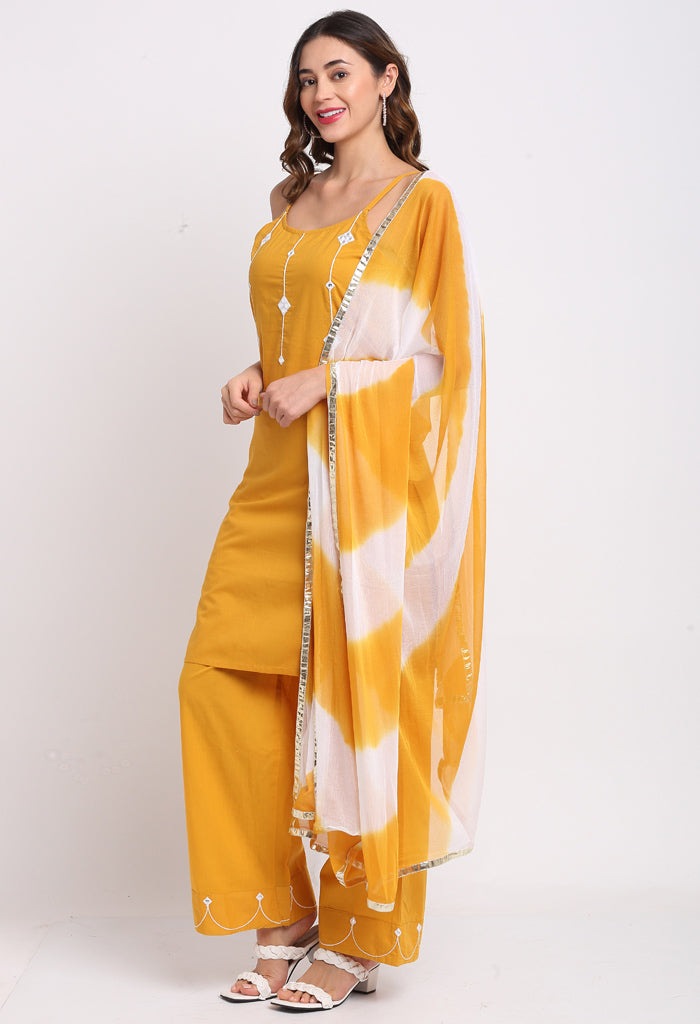 Yellow Pure Cambric Cotton Floral Embroidered Kurta Set With Dupatta