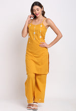 Load image into Gallery viewer, Yellow Pure Cambric Cotton Floral Embroidered Kurta Set With Dupatta
