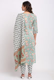 Sage Green Pure Cambric Cotton Floral Printed Kurta Set With Dupatta