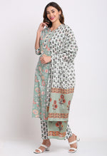 Load image into Gallery viewer, Sage Green Pure Cambric Cotton Floral Printed Kurta Set With Dupatta
