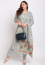 Load image into Gallery viewer, Sage Green Pure Cambric Cotton Floral Printed Kurta Set With Dupatta