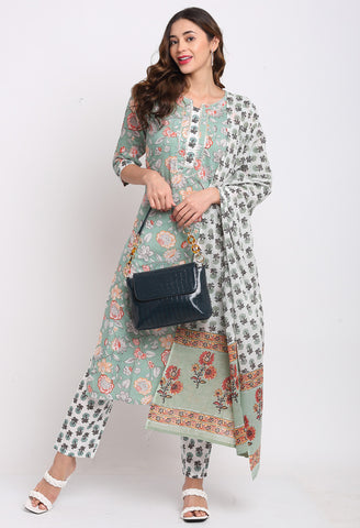 Sage Green Pure Cambric Cotton Floral Printed Kurta Set With Dupatta