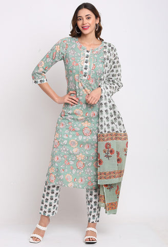 Sage Green Pure Cambric Cotton Floral Printed Kurta Set With Dupatta