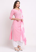 Load image into Gallery viewer, Pink And White Pure Cambric Cotton Kurta Set With Dupatta