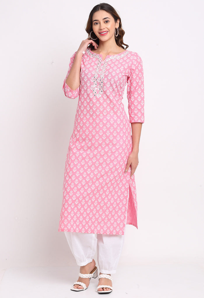 Pink And White Pure Cambric Cotton Kurta Set With Dupatta