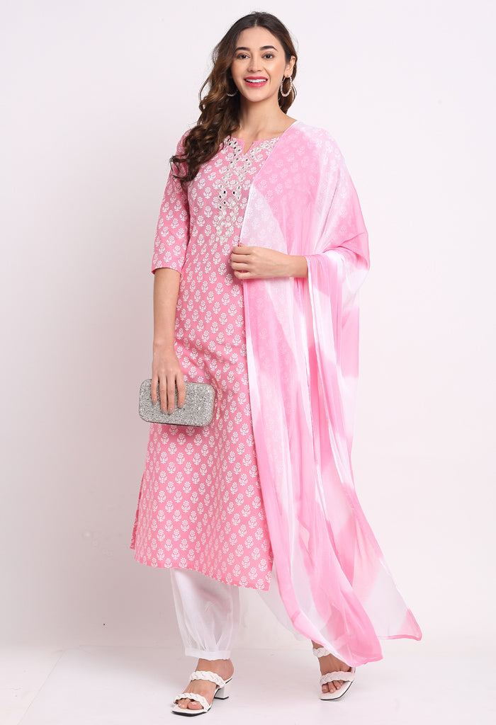 Pink And White Pure Cambric Cotton Kurta Set With Dupatta