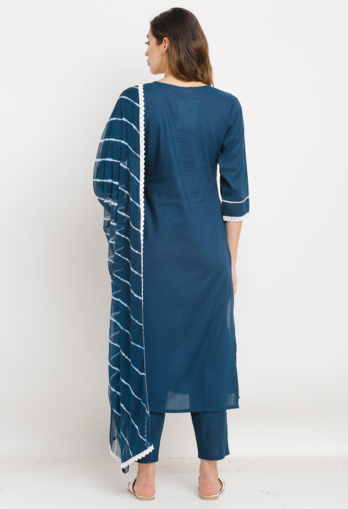 Navy Blue Pure Cambric Cotton Embroidered Kurta Set With Dupatta