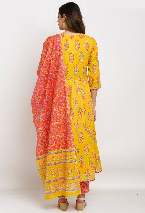 Yellow And Pink Pure Cambric Cotton Floral Embroidered Kurta Set With Dupatta