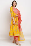 Yellow And Pink Pure Cambric Cotton Floral Embroidered Kurta Set With Dupatta