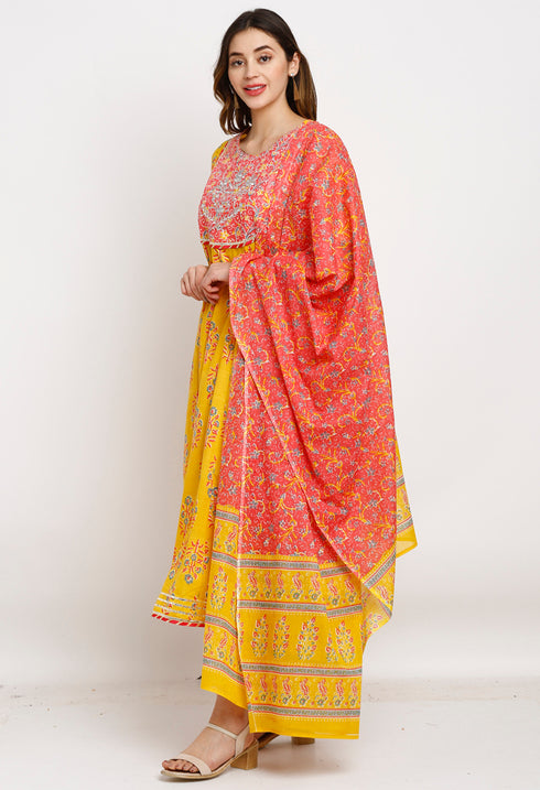 Yellow And Pink Pure Cambric Cotton Floral Embroidered Kurta Set With Dupatta