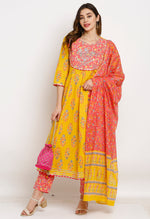 Load image into Gallery viewer, Yellow And Pink Pure Cambric Cotton Floral Embroidered Kurta Set With Dupatta