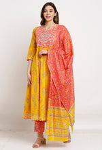 Load image into Gallery viewer, Yellow And Pink Pure Cambric Cotton Floral Embroidered Kurta Set With Dupatta

