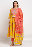 Yellow And Pink Pure Cambric Cotton Floral Embroidered Kurta Set With Dupatta