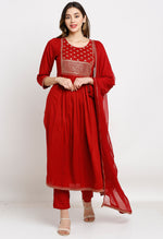 Load image into Gallery viewer, Maroon Rayon Floral Embroidered Kurta Set With Dupatta