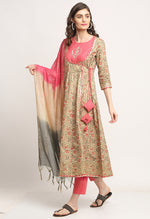 Load image into Gallery viewer, Pink And Beige Pure Cambric Cotton Floral Embroidered Kurta Set With Dupatta