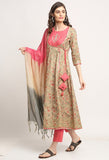 Pink And Beige Pure Cambric Cotton Floral Embroidered Kurta Set With Dupatta