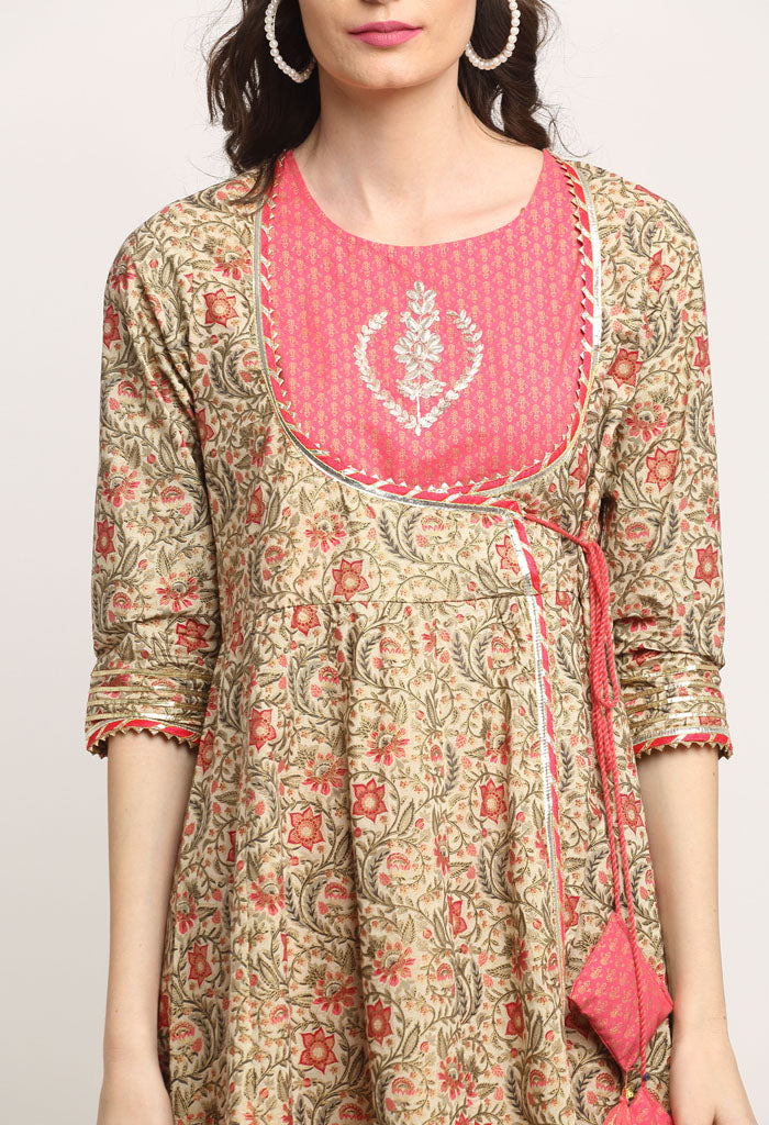Pink And Beige Pure Cambric Cotton Floral Embroidered Kurta Set With Dupatta