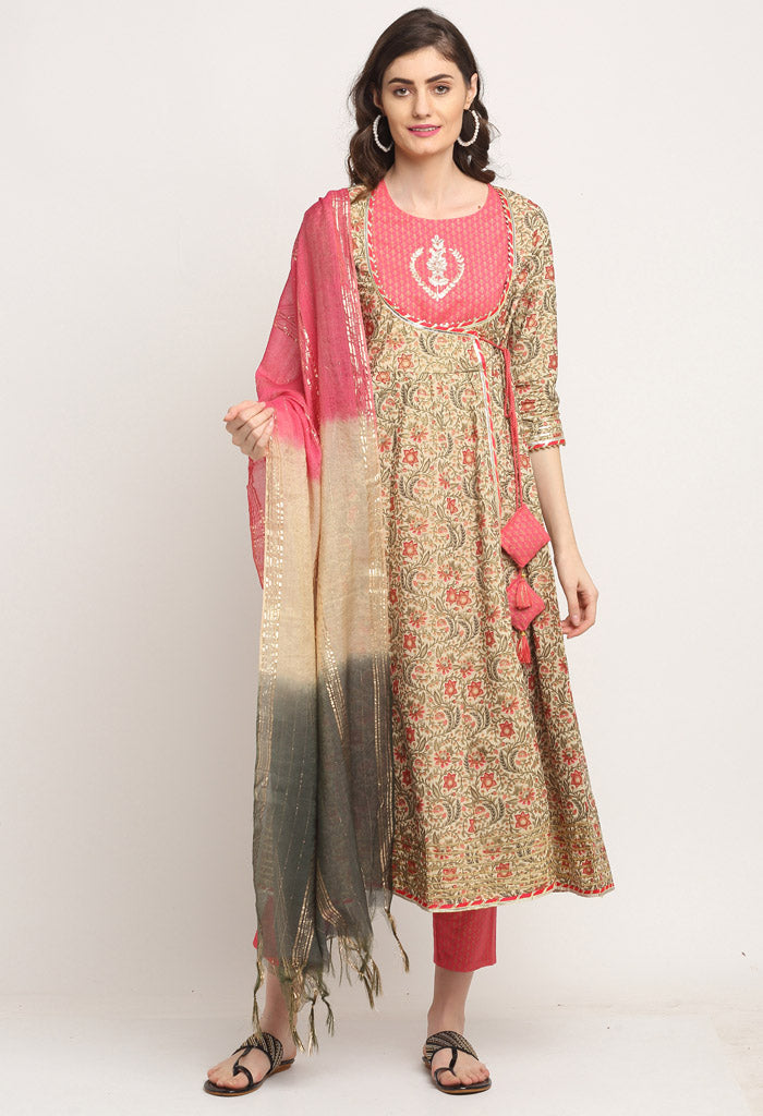 Pink And Beige Pure Cambric Cotton Floral Embroidered Kurta Set With Dupatta