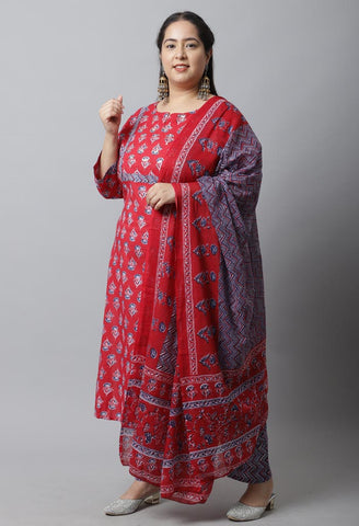 Pure Cambric Cotton Embroidered Plus Size Kurta Set With Dupatta