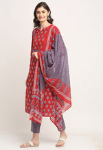 Load image into Gallery viewer, Red Pure Cambric Cotton Floral Embroidered Kurta Set With Dupatta