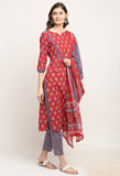 Red Pure Cambric Cotton Floral Embroidered Kurta Set With Dupatta