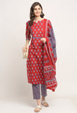 Red Pure Cambric Cotton Floral Embroidered Kurta Set With Dupatta