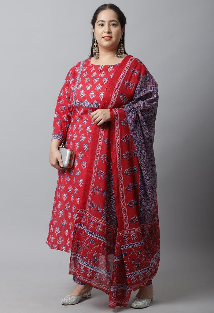 Pure Cambric Cotton Embroidered Plus Size Kurta Set With Dupatta