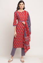 Load image into Gallery viewer, Red Pure Cambric Cotton Floral Embroidered Kurta Set With Dupatta