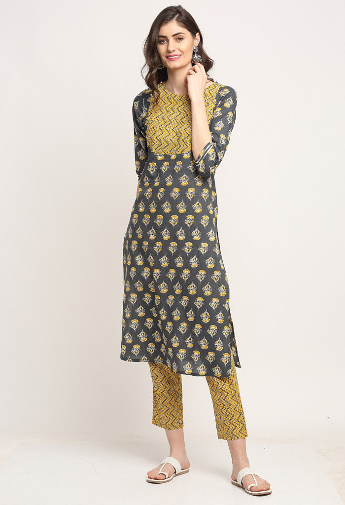 Grey Pure Cambric Cotton Floral Embroidered Kurta Set With Dupatta