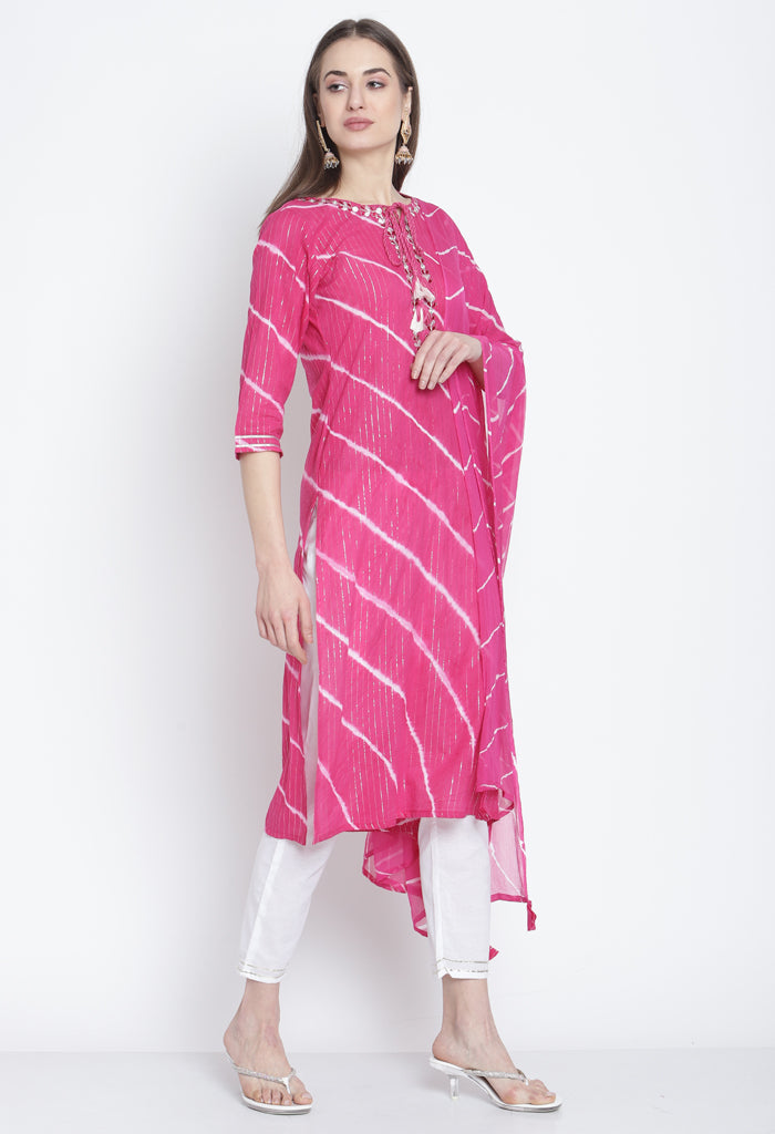 Pink Pure Cambric Cotton Floral Embroidered Kurta Set With Dupatta