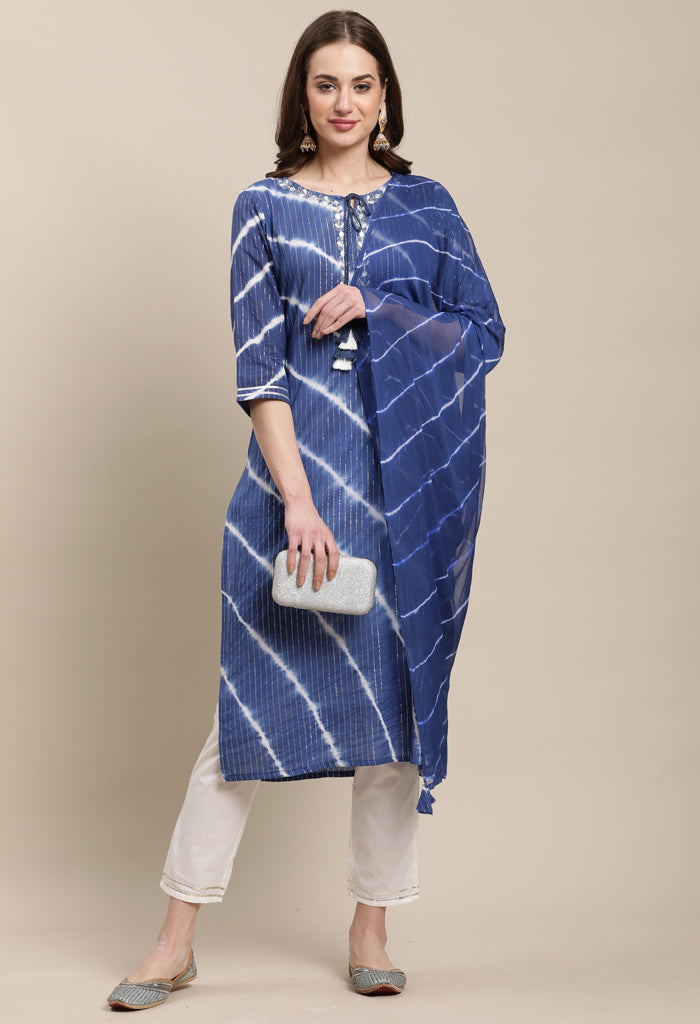 Blue Pure Cambric Cotton Embroidered Kurta Set With Dupatta