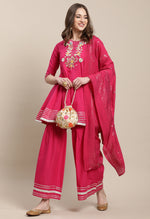 Load image into Gallery viewer, Magenta Pure Cambric Cotton Embroidered Kurta Set With Dupatta